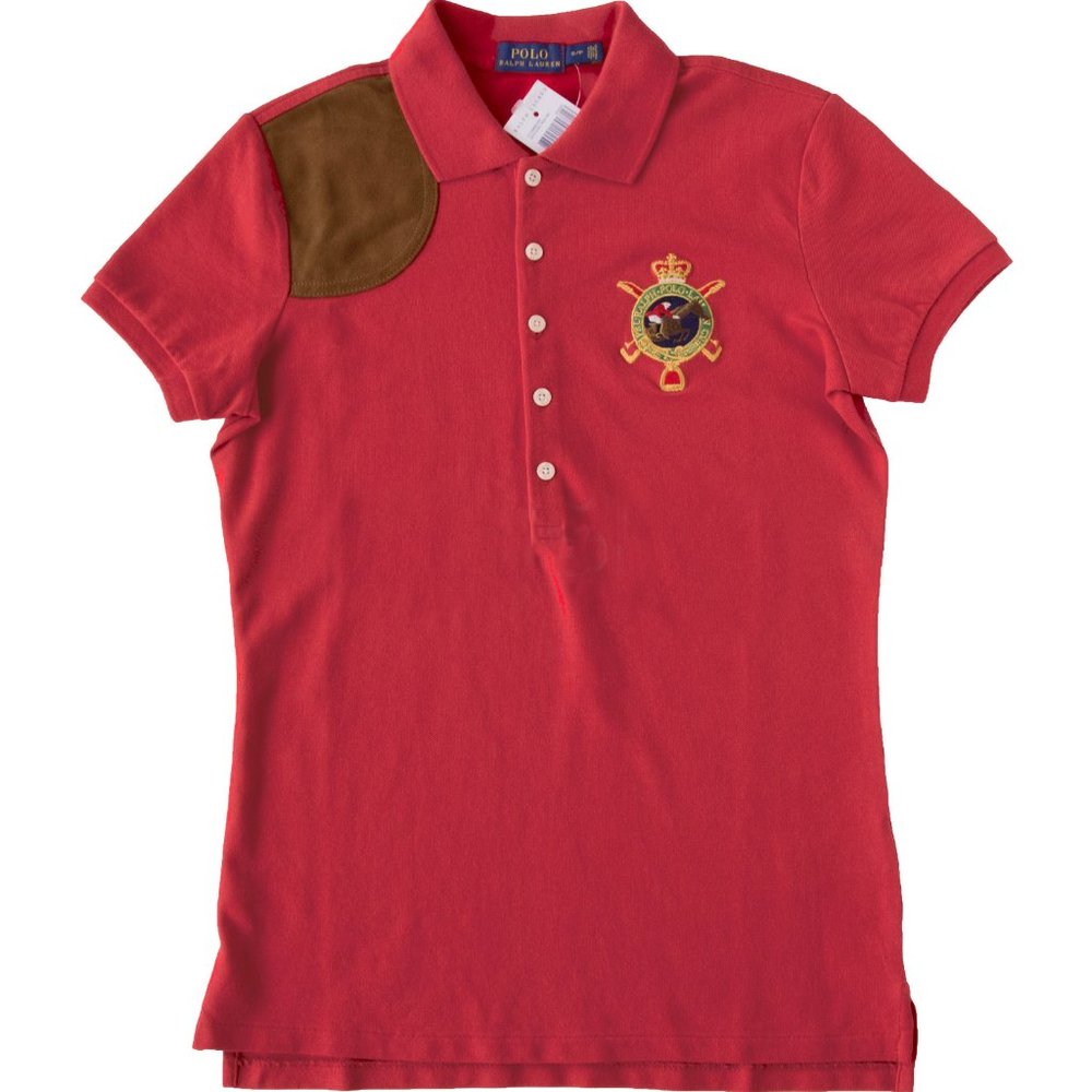 NEW Polo Ralph Lauren Polo Shirt!  Red  Suede Shoulder Patch  Equestrian Emblem